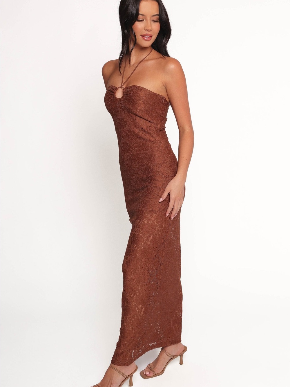 NWT XS Petal & Pup Brown Lace Halter Maxi Dress midi Tucker bodycon sexy long - Picture 5 of 14